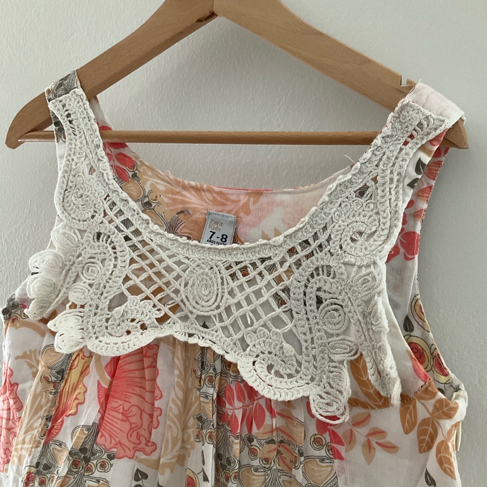 Zara 7-8 Floral Crochet Yoke Dress - Cream and Peach Layered Look Summer Dress - Picture 3 of 10